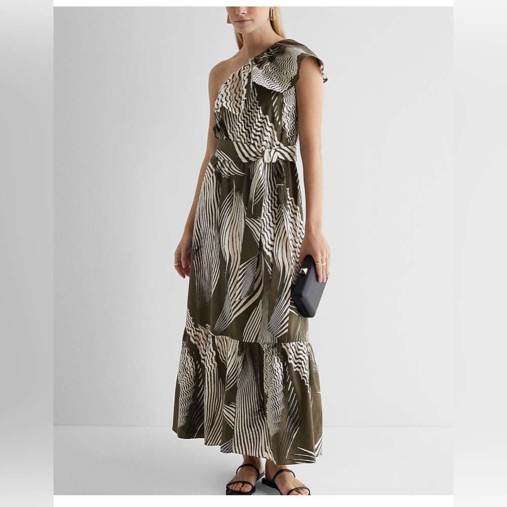 Express Olive and White One-Shoulder Maxi Dress - Picture 1 of 16